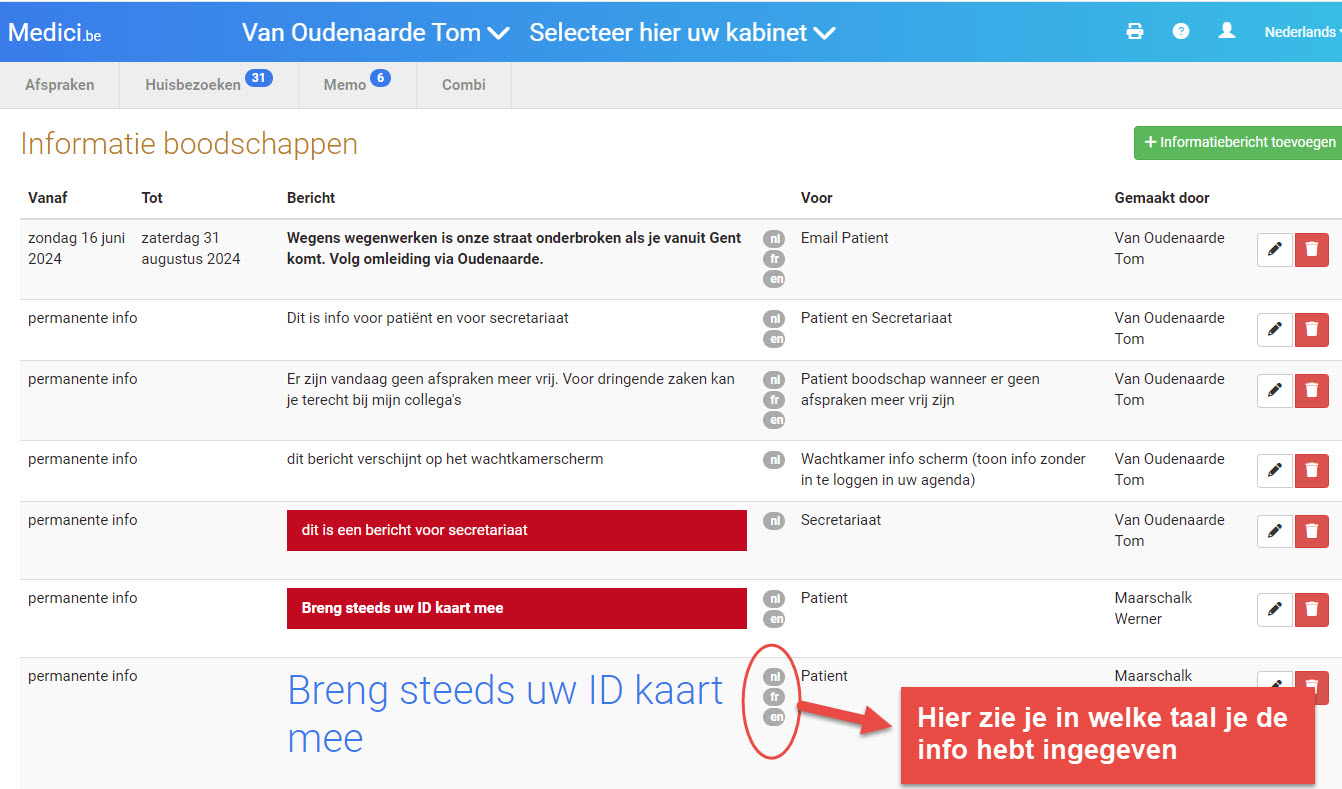 Overzicht: in welke taal is de info ingegeven